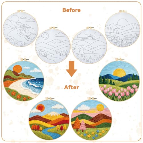 BEUNITONE 4 Set Embroidery Kit for Adults Beginner with Hoops & Instruction - style: C-Beginner Scenery