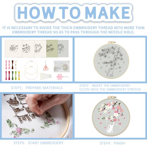 FREEBLOSS 5 Set 8'' Cherry Blossom Embroidery Kit Cross Stitch Kit with Stamped Cherry Pattern Cherry Embroidery Kit for Beginners Instructions Included Embroidery Starter Kit for Adults