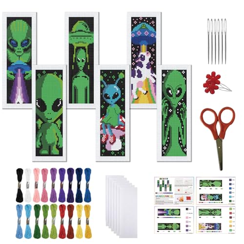 FREEBLOSS 6 Set Cross Stitch Bookmark Kits Alien Pattern Stamped Cross Stitch Kit 11CT Embroidery Kit with Instructions for Beginners 20x6cm/8x2.4inch - style: Alien