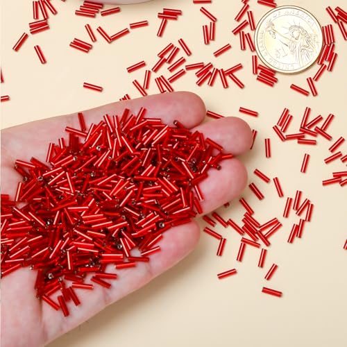2000pcs Glass Bugle Beads, Tube Beads Bulk, Mini Long Tiny Small Waist Loose Spacer Embroidery Beaded for Bracelets Jewelry Making Sewing, Crafts, 2×6mm, True Red - color: True Red