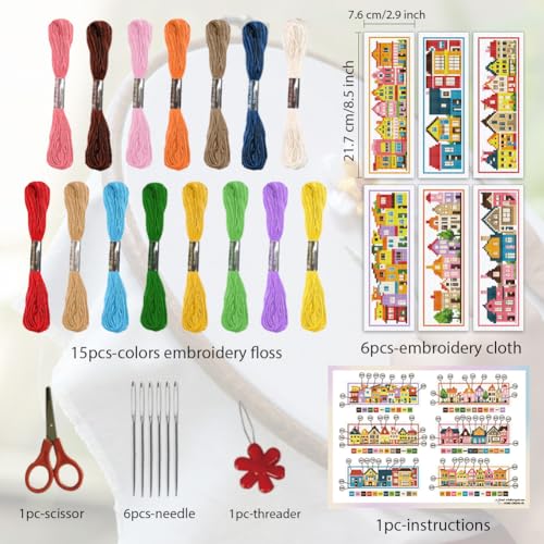 ORIGACH 6 Set Colorful Town House Cross Stitch Bookmark Kit for Beginner - style: Small Houses