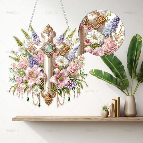 Aeepics Hanging Diamond Art Kit for Adult Religious, DIY Diamonds Painting Pendant Ornament Kit, Acrylic Diamond Art Painting Board Kit (Cross) - color: Cross