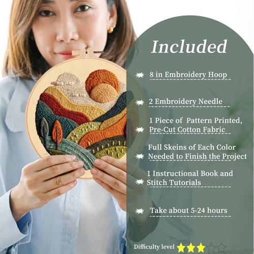 FONNUY Embroidery Kit for Beginners, Textured Vibrant Nature Landscape Pre-Stamped Pattern Kits for Adults with Hoop, Easy to Follow Color Thread Needlework, 8'' Hoop (Green 2) - color: Green 2