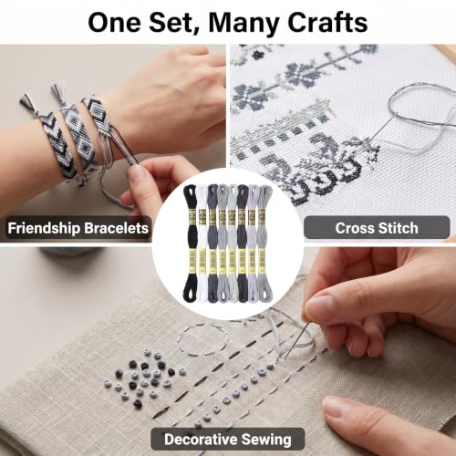 8Pcs 7.5m Multicolor Cotton Stitch Embroidery Thread Floss DIY Friendship Bracelets Floss Craft Sewing Skeins Grey Black White Fashion Embroidery Floss for Arts, Crafts and Sewing