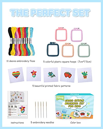 Pllieay 5PCS Cross Stitch Kits for Beginners for Kids 7-13, with Pattern - size: Square Embroidery Hoops