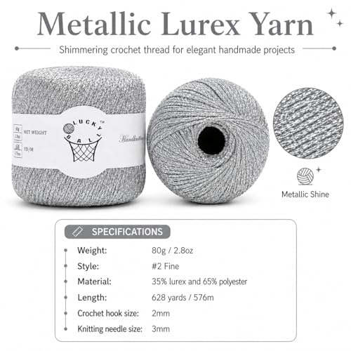 80g Sparkle Silver Lurex Thread Shining Yarn, Metallic Crochet Thread Yarn for Crocheting, Sparkle Metallic for Knitting Clothes, Car Charm, Keychain Charm(Silver) - color: Silver