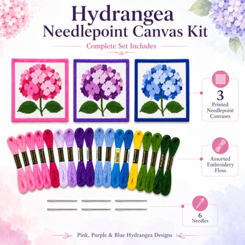 Zplontya 18 Mesh Needlepoint Canvas Kit Include Flower Printed Patterns - color: Hydrangea