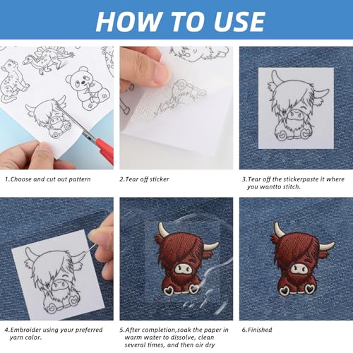 4 Sheets Water Soluble Embroidery Stabilizer, Animal Flower Embroidery Patterns Stick & Stitch Embroidery Paper Self Adhesive Wash Away,Cow Cat Bear Dinosaur Horse Animal Style for Hand Sewing Lovers - size: Pattern: Animal (Style 2)