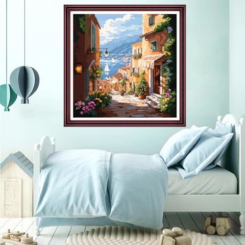 Funchey Counted Cross Stitch Kits for Adults Needlepoint Kits Unprinted Cross Stitching Embroidery Kit 11CT Cross Stitch Supplies-European Street View 18x18 inch - color: ArtsKits10