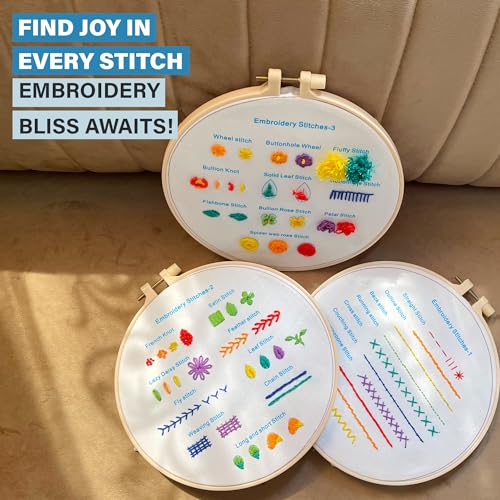 Beginner Embroidery Kit – Learn 28 Stitches – DIY Embroidery Set with 3 Hoops, Stamped Patterns, Needles, Scissors, Thread – Complete Cross Stitch Kit for Adults, Teens, Beginners & Crafters - color: Beginner Practice Patterns