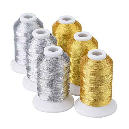 Simthread 6 Spools Metallic Embroidery Machine Thread (3 Gold+ 3 Silver Colors) 500M(550Y) for Embroidery and Decorative Sewing - color: 3Gold+3Silver