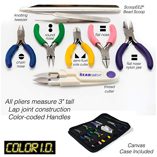 The Beadsmith Mini Color-ID Set – 3”, 8-Pieces Includes: Chain Nose, Round Nose, Side Cutter, Flat Nose, Nylon Jaw Flat Nose, Tweezers, Thread Snippers, Bead Scoop & Canvas Case – For Jewelry Making - size: Mini 8-Piece Set - 3 Inches