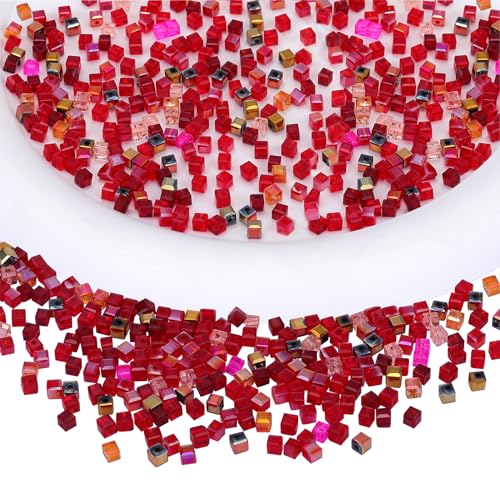 BEEFLYING 200Pcs 3mm Crystal Cube Glass Beads Square Loose Glass Spacer Beads for Jewelry Bracelet Necklace Earring DIY Craft Home Decor（0.12inch Red - color: Red, size: 3mm