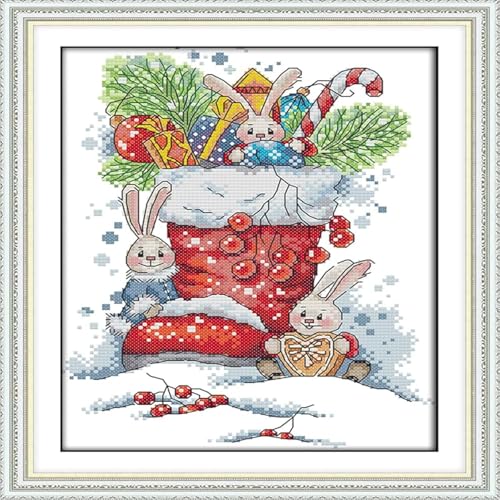 Howie's Needlepoint Cross Stitch Kits, 11CT Pre-Printed Pattern Needlepoint Kits, Full Range of Stamped Starter Kits (The Rabbit in The Christmas Boots, 10.6 x 15.4 Inch) - color: The Rabbit in The Christmas Boots