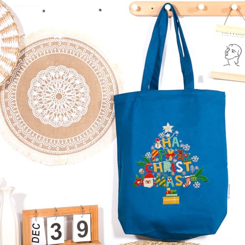 CREAWONDER Canvas Tote Bag Embroidery Kit with Pattern for Beginners, Arts and DIY Embroidery Crafts Kits for Adults, Include Instructions, Thimble, Embroidery Hoops, Color Threads and Tool - color: CR002 Christmas tree darkblue