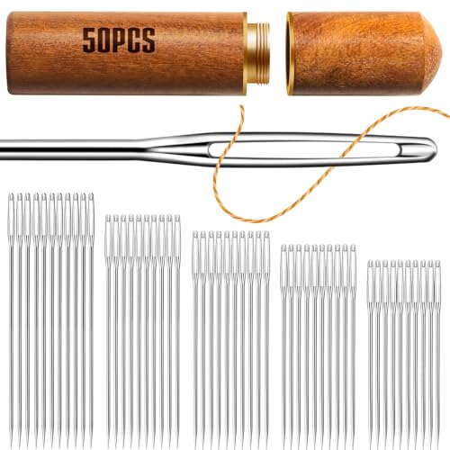 50 PCS Large Eye Embroidery Needles, 5 Sizes, Stainless Steel Yarn Knitting Needles for Hand Sewing (Pointed)