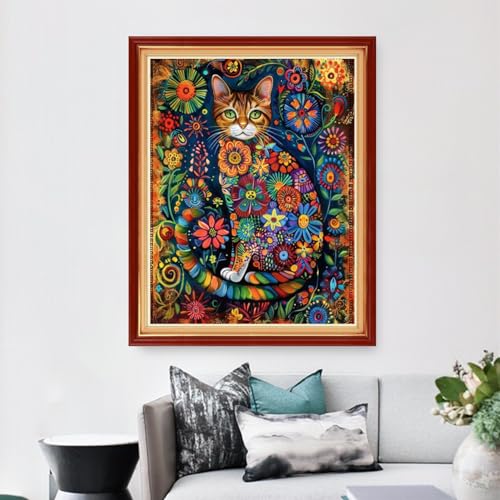 Dimensean Stamped Cross Stitch Kits Full Range of Embroidery Patterns Starter Kits for Beginners Adult or DIY Cross Stitches Needlepoint Kits 11CT-Flower Cat 16x20 inch - color: Arts kits 11