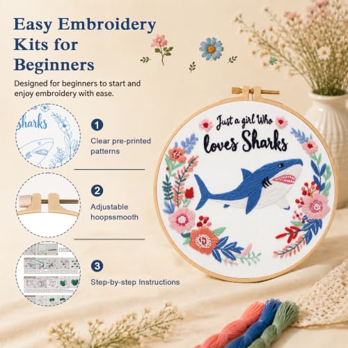 Louise Maelys Cartoon Shark Embroidery Kit for Beginners, DIY Stitching - color: Cartoon Shark