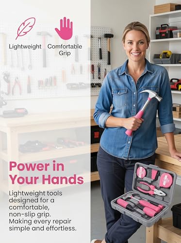 NIVOLT 13Pcs Pink Tool Set for Women, Household Hand Tool Kit with Hard Storage Case for Home Repair, Apartment, Dorm, DIY Projects, Gift for New Homeowners
