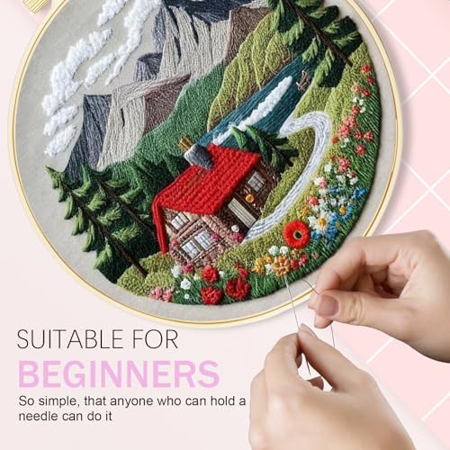 Huacan 1pc House Embroidery Kits for Beginners Mountains River Landscape Small Cross Stitch Kits Ideal for Crafting Art & Gifts