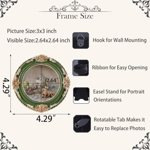 Vintage Picture Frames 3x3 Ornate Green and Gold Antique Pictue Frames with Real Glass Cover for Wall & Tabletop Display Victorian Home Decor Gallery Wall Decor,Round - color: Green, size: 3X3