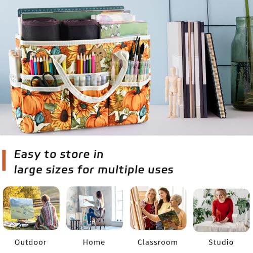 Craft Organizer Tote Bag with Multiple Pockets,Scrapbooking Art Storage - color: Pumpkin Flower