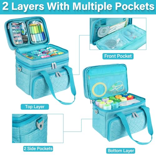 Double Layer Sewing Organizer Bag with Shoulder Strap, Blue - color: Blue