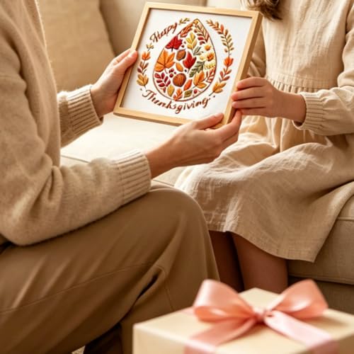 FONNUY Fall Embroidery Kit, Handmade Autumn Wreath Pre-Stamped Pattern for Beginners, Thanksgiving Harvest Home Decor, 8'' Hoop (Maple Leaves) - color: Maple Leaves