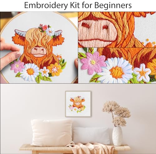 Louise Maelys Highland Cow Embroidery Kit for Beginners Floral DIY - color: kit-12