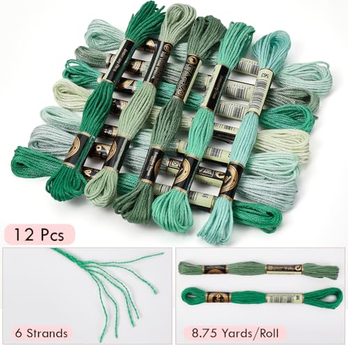 12 Skeins 105 Yards Green Embroidery Thread Floss for Hand Sewing - color: Green