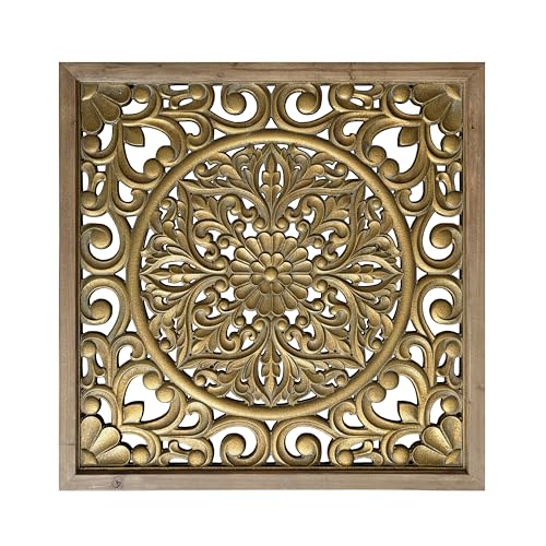XIAOAIKA Boho Carved Wood Wall Art Panel, Floral Mandala, Distressed Gold - color: Gold