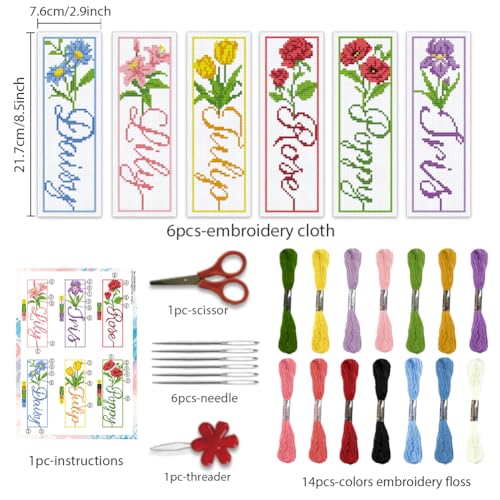 BEUNITONE 6 PCS Cross Stitch Bookmark Kit for Adults Beginners,Text and Flowers Pre-Printed Cross Stitch,DIY Stamped Embroidery Bookmark Kits,with Instructions,Craft Kit for Book Lovers 8.5''x3'' - style: Text And Flowers