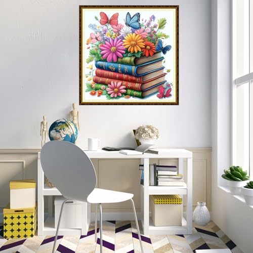 Redxing Counted Cross Stitch Kit for Beginners,Unprinted Needlepoint Kits for Beginners Cross Stitching Embroidery Kit 11CT Stitches kit-Flower Books 18x18 inch - color: KitColors06