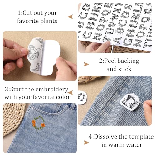 Flower Water Soluble Embroidery Patterns, 3 Sheets 140 Pcs Stick and Stitch Embroidery Papers Wash Away, Pre-Printed Floral Alphabet Pattern Transfers, DIY Gift for Hand Sewing Lover Beginners - size: Alphabet Floral