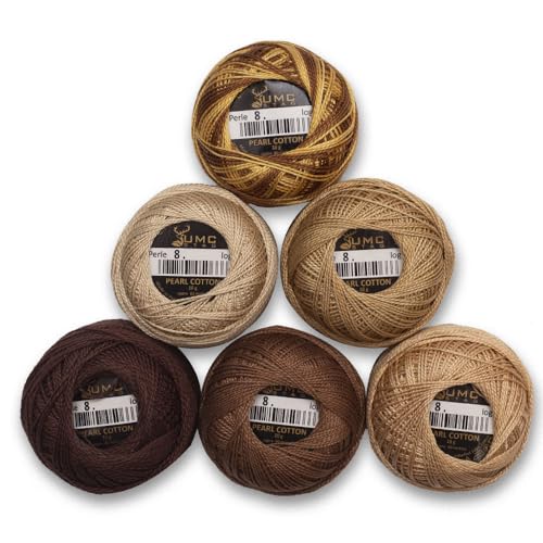 6 Balls Premium Pearl Cotton Embroidery Thread Size 8 | 100% Egyptian Cotton Crochet Yarn | Cross Stitch Embroidery Yarn | Oeko TEX Certified | 10 Grams per Ball (Brown Tones) - color: Brown Tones