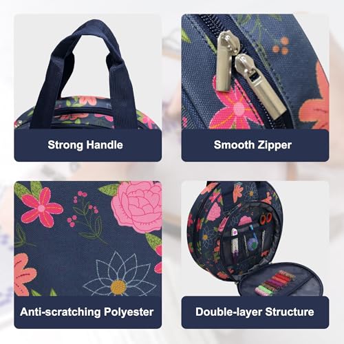 Round Embroidery Project Bag, Tote for Hoops, Floss&Sewing Supplies - color: Blue Floral