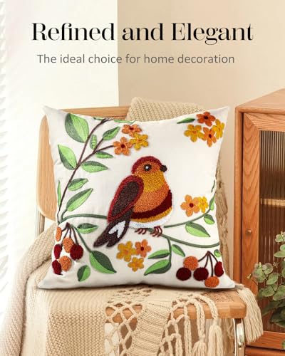 Embroidered Throw Pillow Cover, 18x18 Inch, Bird Branch - color: Tree Bird, size: 18" x 18" (Pack of 1)