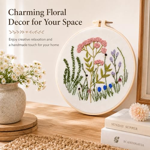 Drefund Embroidery Starter Kit for Beginners, Cross Stitch Kit Floral Pre-Stamped Pattern Kits for Adults with Hoop Embroidery Floss, Easy to Follow Needlework
