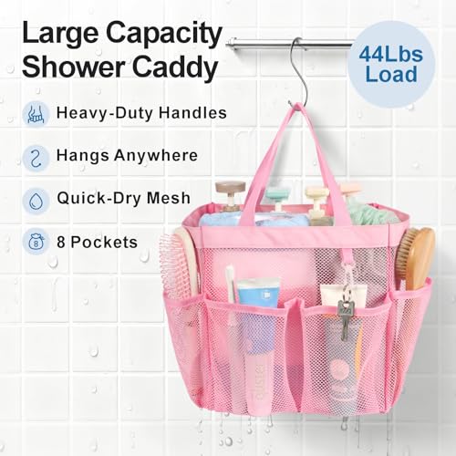 Mesh Shower Caddy Portable - 8 Pockets, S-Hook, Shower Bag for Dorm Camping - color: Pink, size: L (Classic Dorm Caddy)