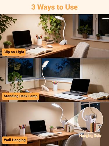 Clip on Light,45 Lighting Modes Rechargeable Desk Lamp with Clamp - color: White
