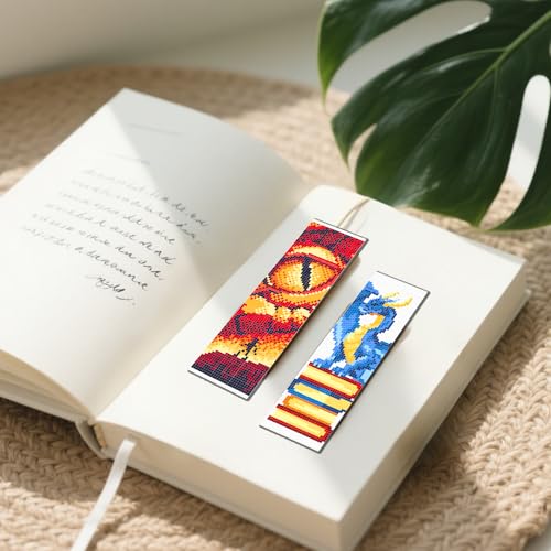 FREEBLOSS 6 Set Cross Stitch Bookmark Kit for Beginner Adults Dragon Stamped Embroidery Bookmark Kits Cross Stitch Kits with Instruction Bookmarks Making Kit for Book Lovers 8x2.4in/20x6cm - style: Loong