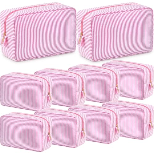 Sanwuta 10 Pcs Seersucker Cosmetic Bag Seersucker Makeup Bag Women Stripe Large Travel Toiletry Organizer Preppy Storage Pouch for Embroidery Wedding Bridesmaid Bride Mom (Pink) - color: Pink