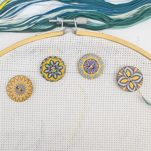 4 Pcs Blue Retro Round Wood Needle Minder for Cross Stitch,Needle Minder Magnet-Embroidery Needlework Accessories