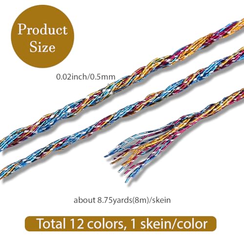 12 Skeins 6 Strands Metallic Embroidery Floss Glitter Cross Stitch Thread Colorful Sparkly Polyester Friendship Bracelet String Yarn Threads Bulk for Hand Sewing Crafts Bracelets Making DIY - color: Colorful