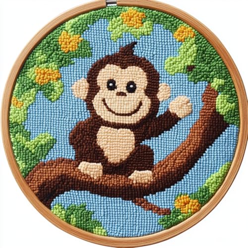 Punch Needle Kits for Beginners Cartoon Monkey on Tree 20x20cm-3 - color: 13-Monkey