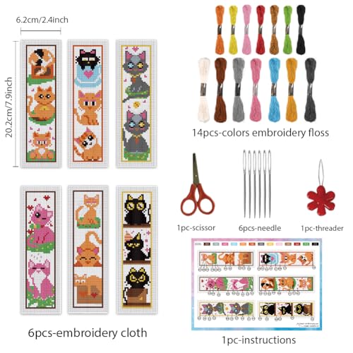 INFUNLY 6 Set Cat Cross Stitch Bookmark Kits Carton Kitten DIY Cross Stitch Kit for Beginners Black Cat Stamped Embroidery Bookmark Kit with Backing Felt Floss Instruction for Starters Book Lovers - style: 6pcs Carton Kitten