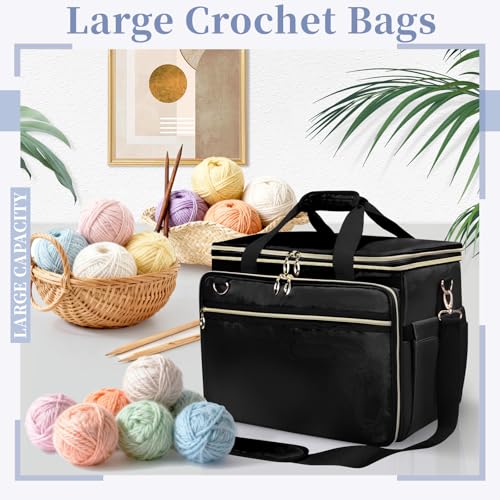 Anitor Large Crochet Bag Knitting Bag Yarn Storage Tote, Yarn Bag, Black - color: black