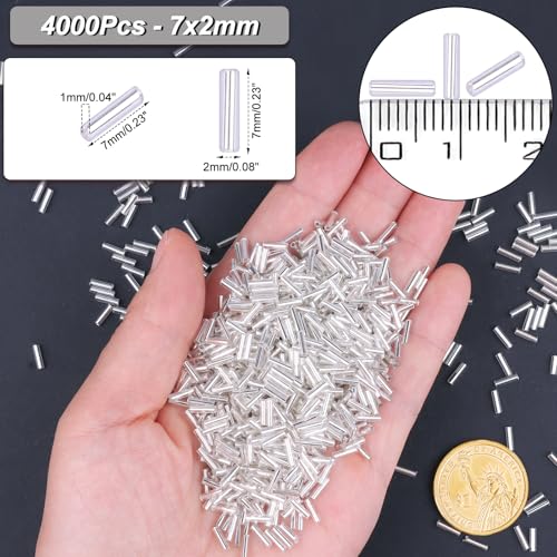 4000 Pcs Silver White Glass Bugle Beads, 2 x 7 mm Embroidery Beads, Small Long Tube Seed Beads for Embroidery Craft Jewelry Making - color: Silver White