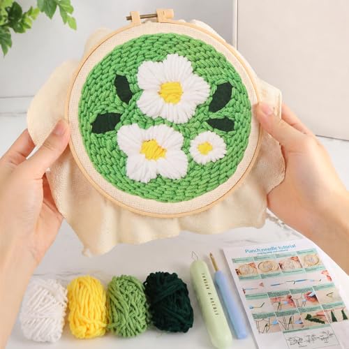 JITIERYALO Punch Needle Kit for Beginners, Green Floral Embroidery Starter Set with Hoop 20x20cm, Patterned Fabric, Punch Needle and Yarn for Adults Festival Gift and Decoration