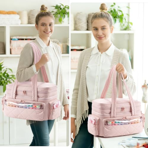 AMOIGEE Puffy Double-Layer Sewing Storage Bag with 2 Clear Organizer Boxes - color: Pink
